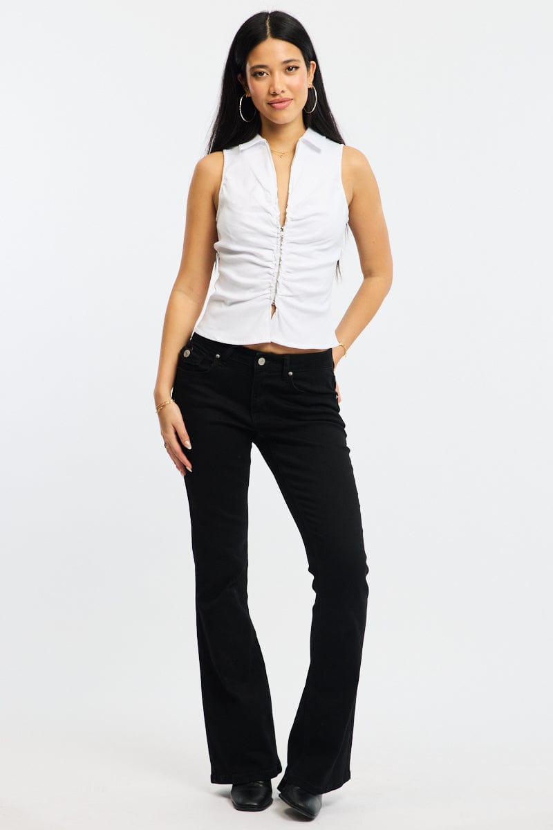 White Zip Up Top Sleeveless Collared Bengaline for Ally Fashion