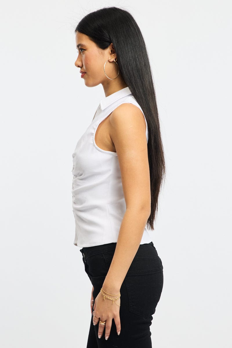 White Zip Up Top Sleeveless Collared Bengaline for Ally Fashion