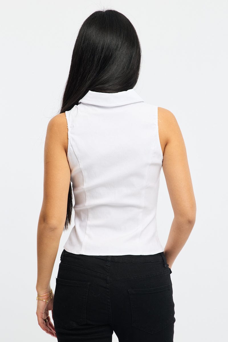 White Zip Up Top Sleeveless Collared Bengaline for Ally Fashion