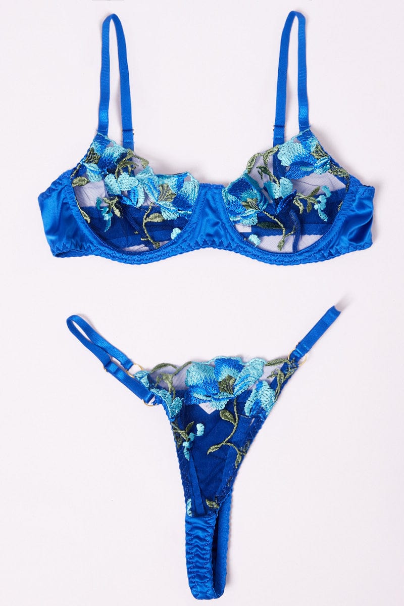 Blue Floral Embroidery Lingerie Set for Ally Fashion