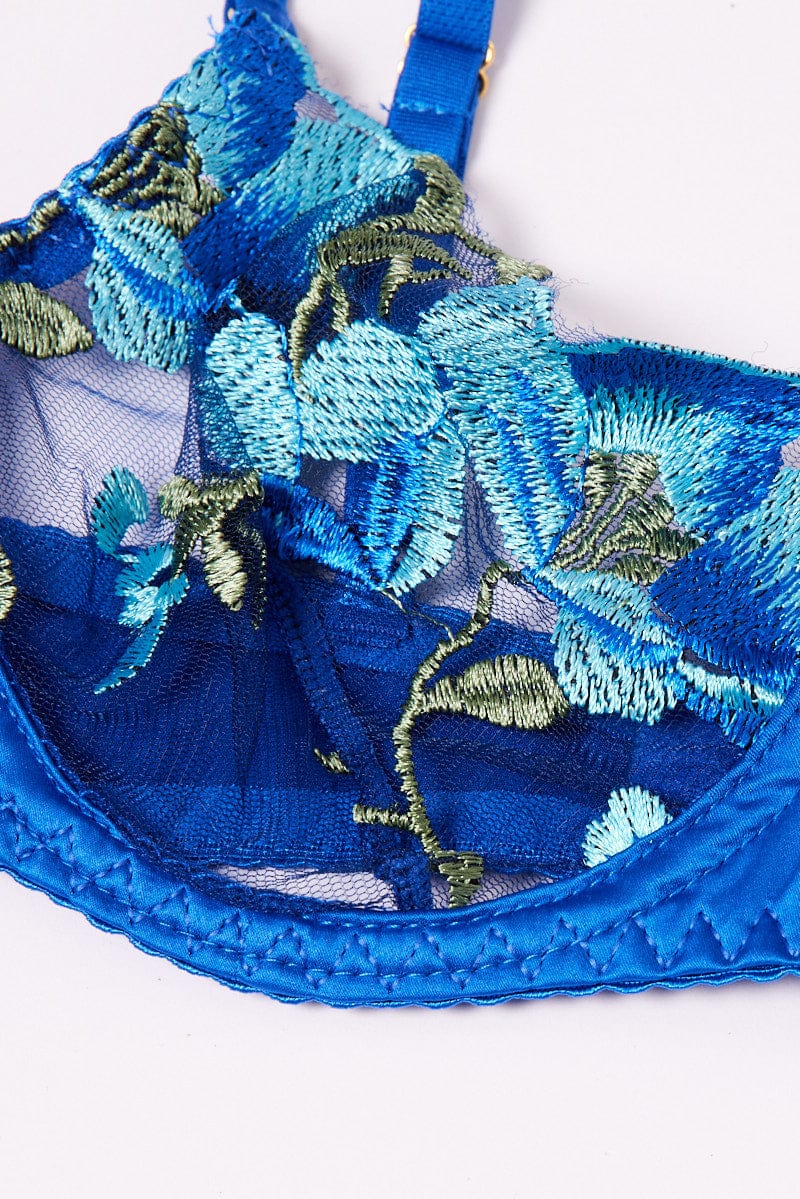 Blue Floral Embroidery Lingerie Set for Ally Fashion