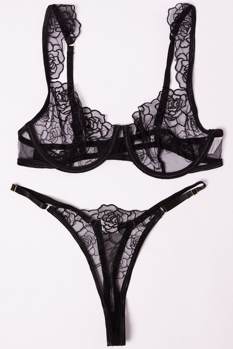 Black Floral Embroidery Lingerie Set for Ally Fashion