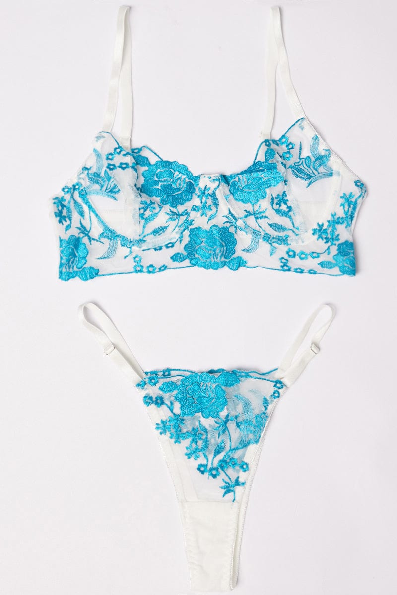 Blue Floral Embroidery Lingerie Set for Ally Fashion