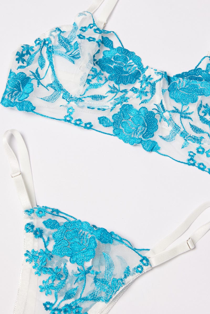 Blue Floral Embroidery Lingerie Set for Ally Fashion