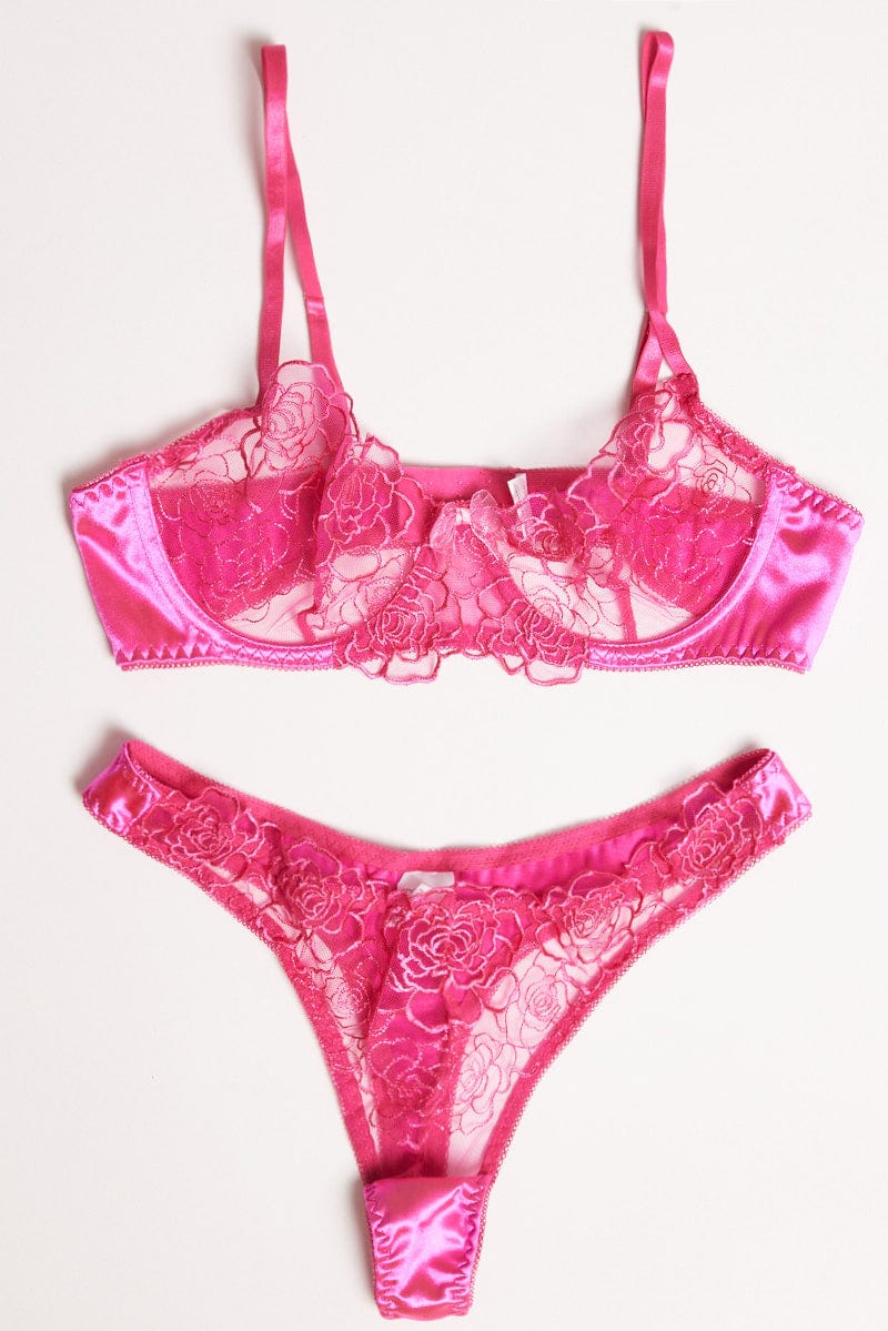 Pink Flower Embroidered Lingerie Set for Ally Fashion