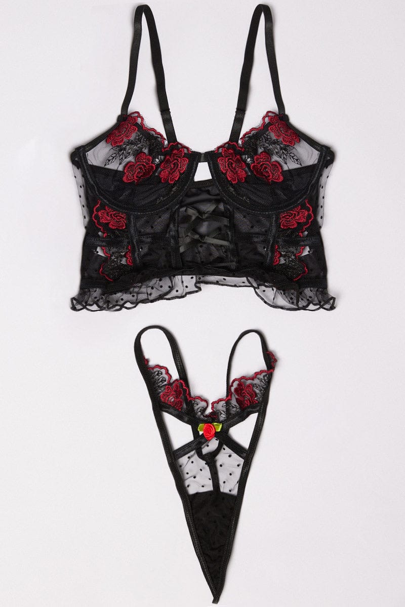 Black Floral Embroidery Lingerie Set for Ally Fashion