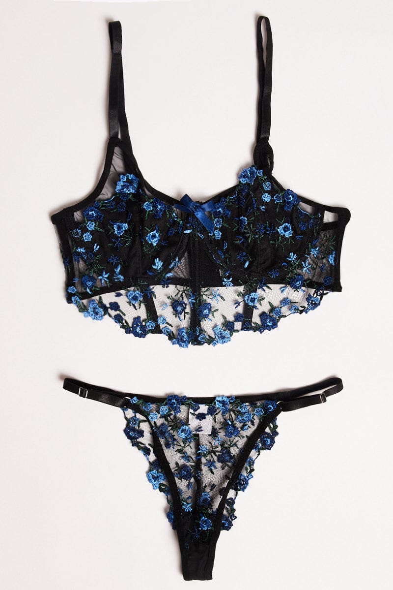 Black Flower Embroidery Lingerie Set for Ally Fashion