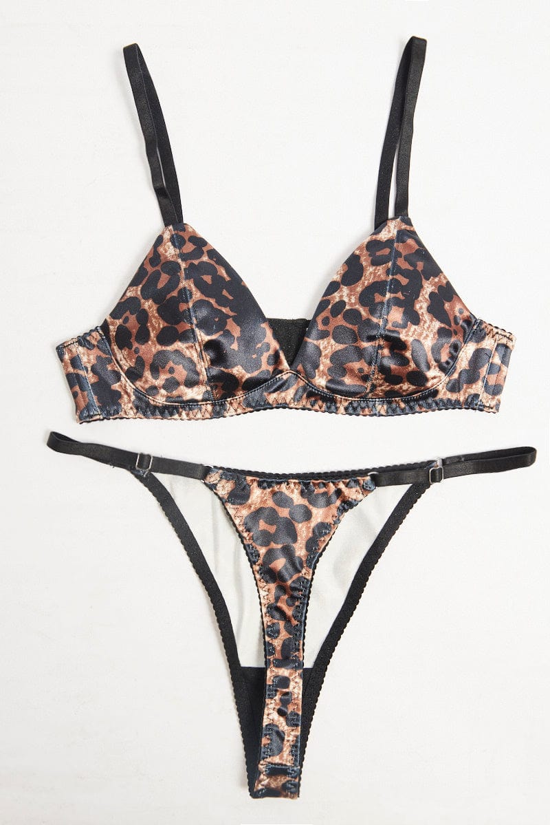 Brown Animal Print Satin Lingerie Set for Ally Fashion