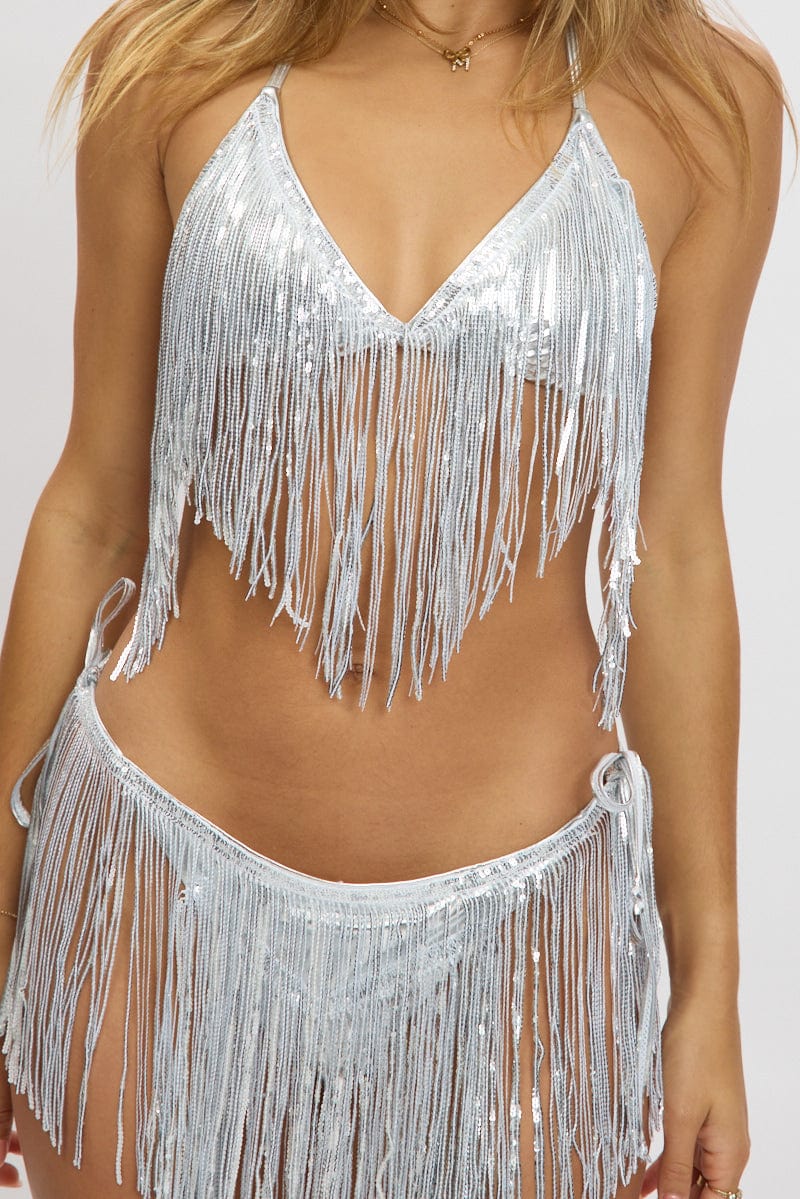 Silver Tassel Sequin Detail Lingerie Set Bikini Set for Ally Fashion