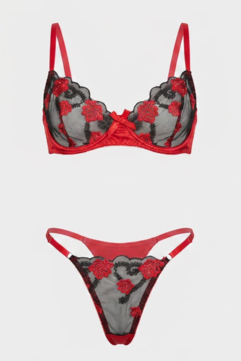 Red Rose Embroidery Lingerie Set for Ally Fashion