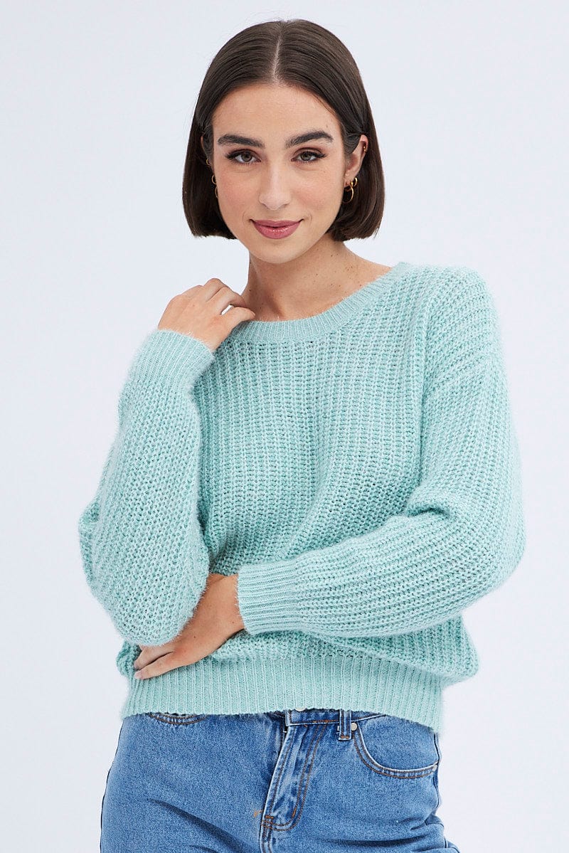 Green Knit Top Long Sleeve Round Neck