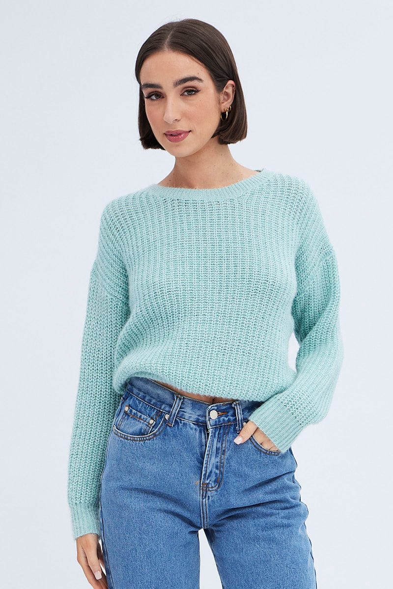 Women’s Green Knit Top Long Sleeve Round Neck Ally Fashion