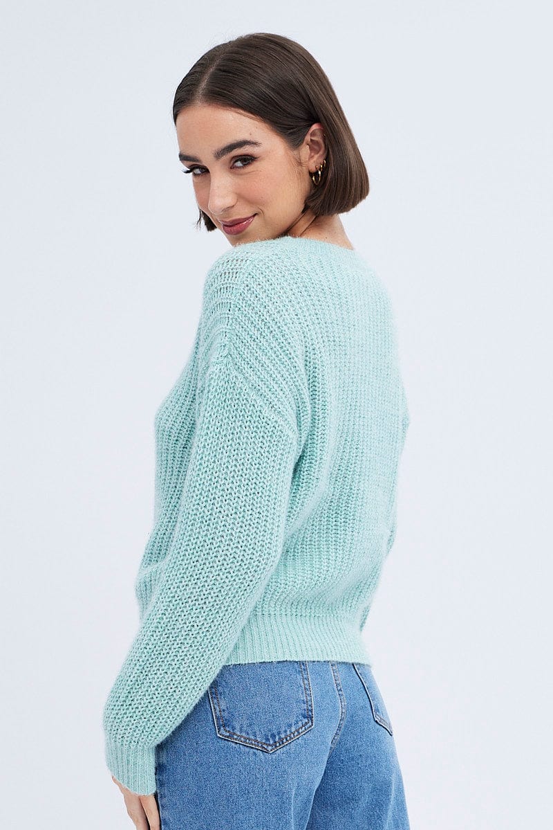 Green Knit Top Long Sleeve Round Neck