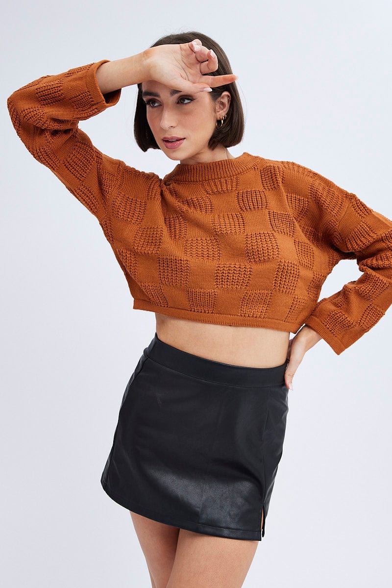 Brown Knit Top Long Sleeve Round Neck