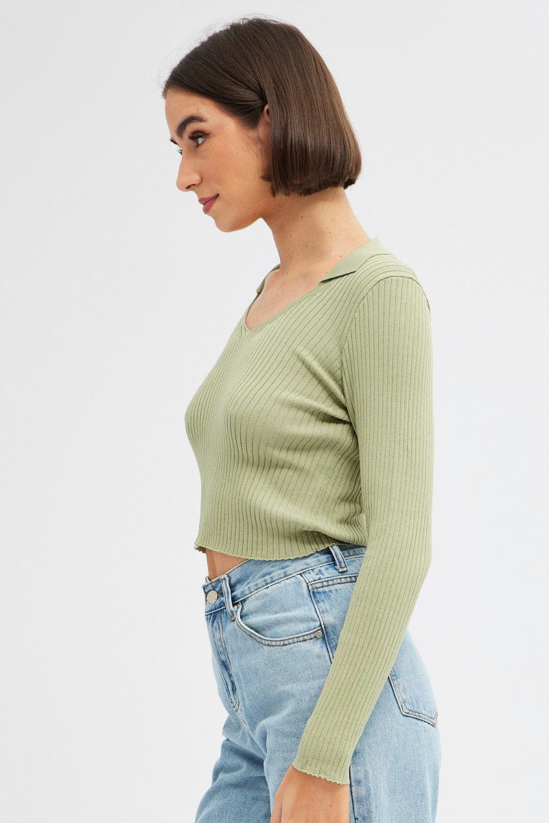 Green Long Sleeve Knit Collar Semi Crop Top