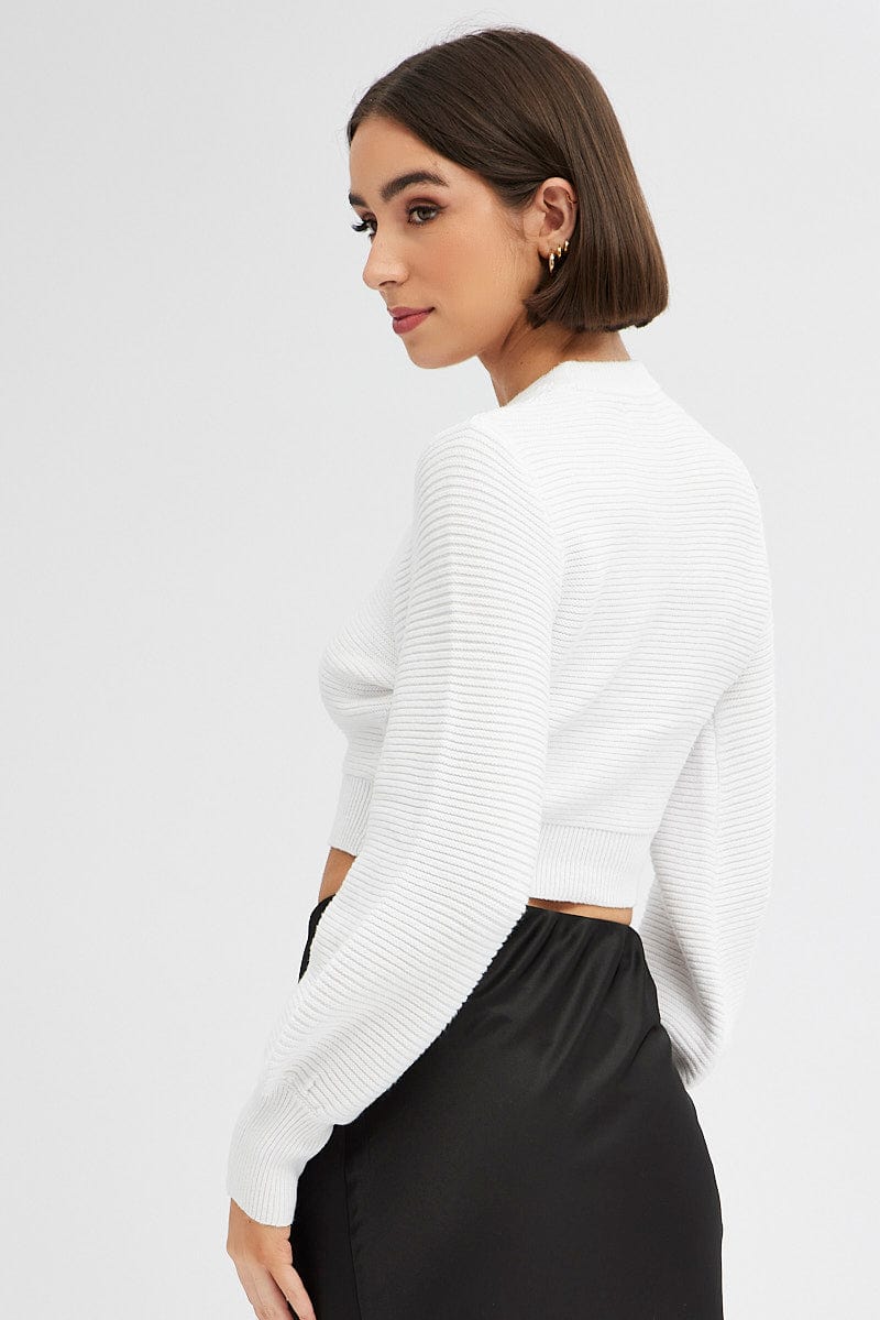 White Knit Top Long Sleeve Crop Round Neck