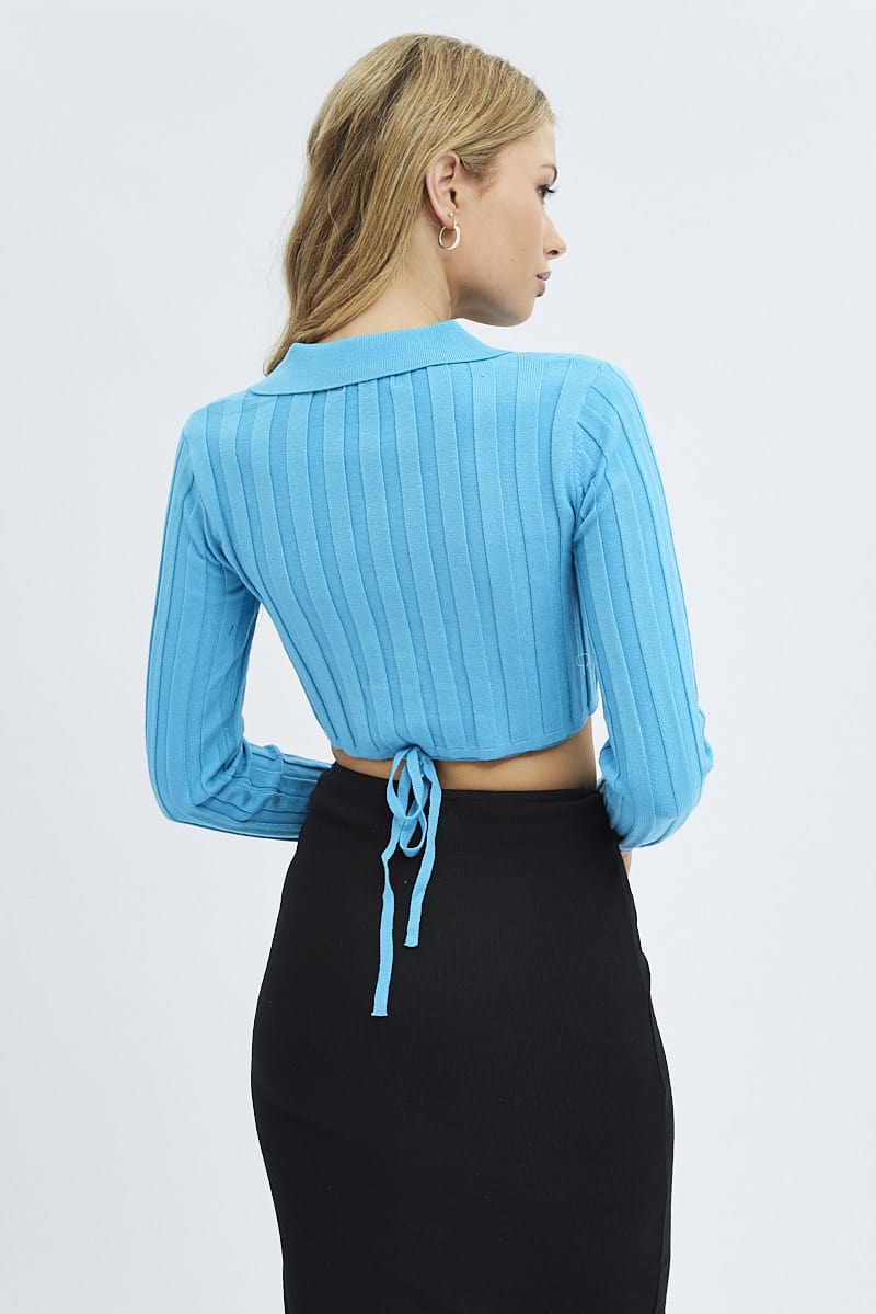 CROP KNITTED Blue Knit Top Long Sleeve Crop Collared for Women by Ally