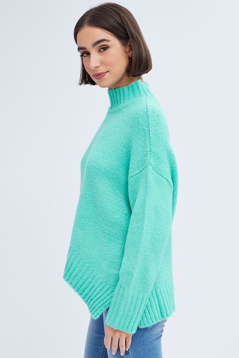 Green Knit Top Long Sleeve Oversized Turtleneck