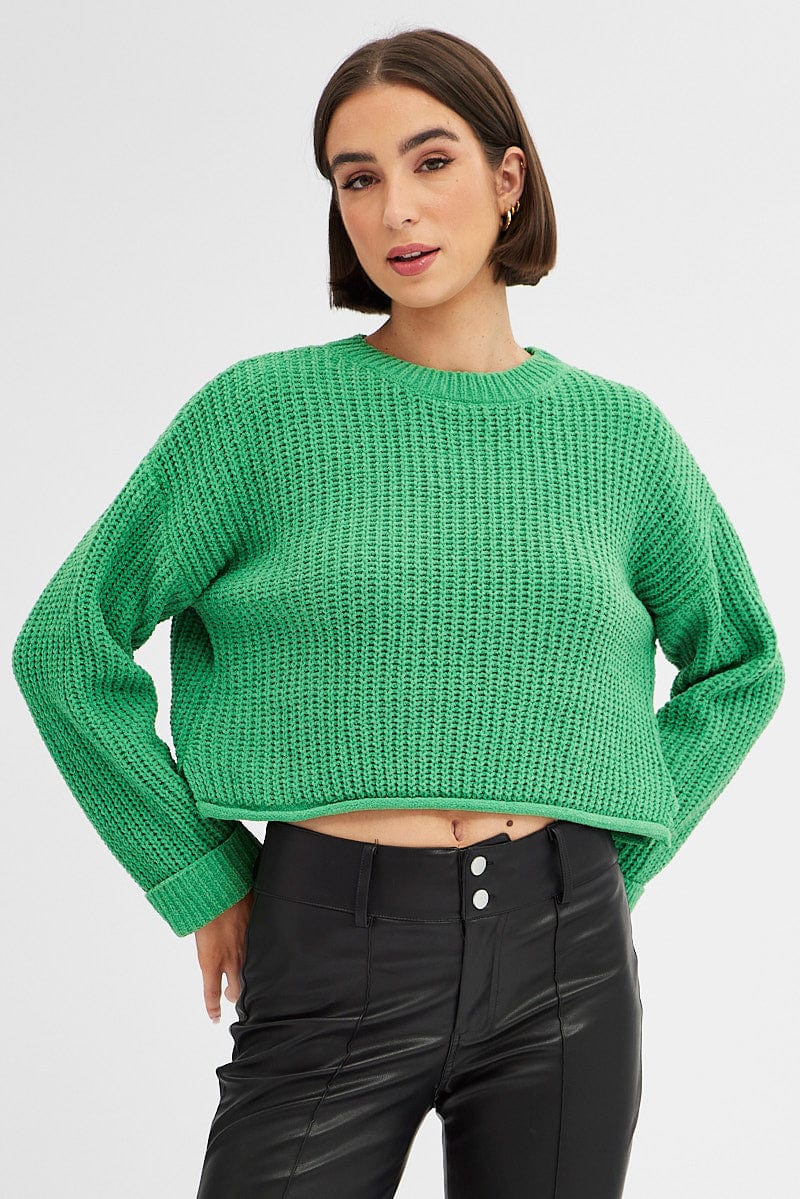 Women’s Green Knit Top Long Sleeve Crop Relaxed Ally Fashion