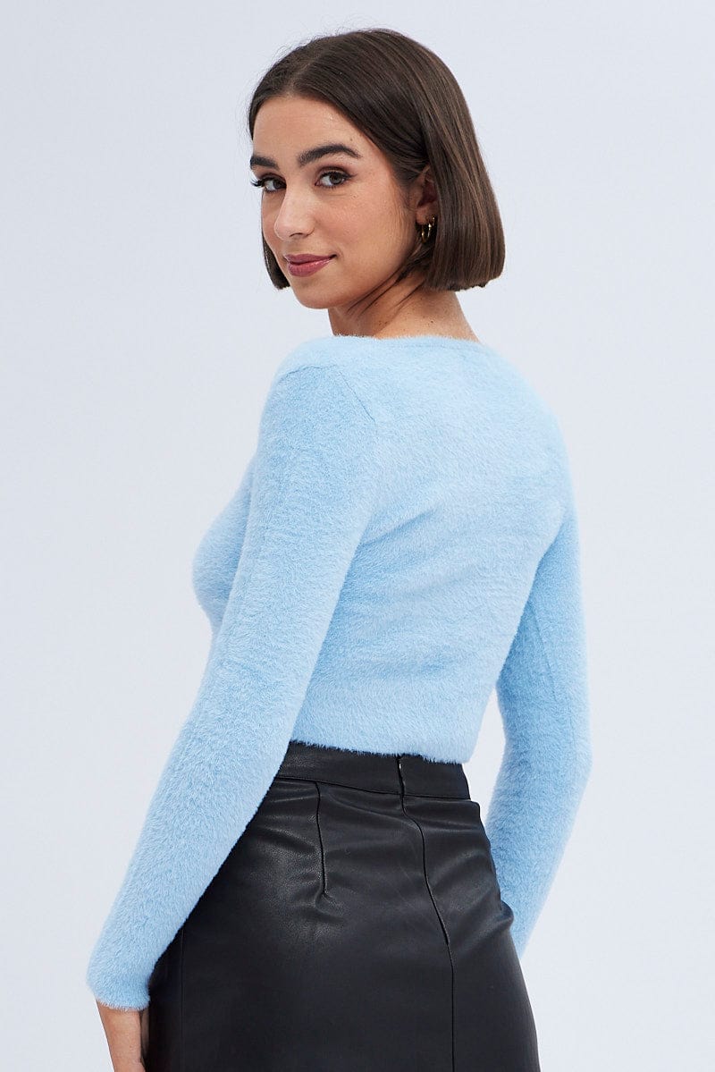 Blue Knit Top Long Sleeve Square Neck