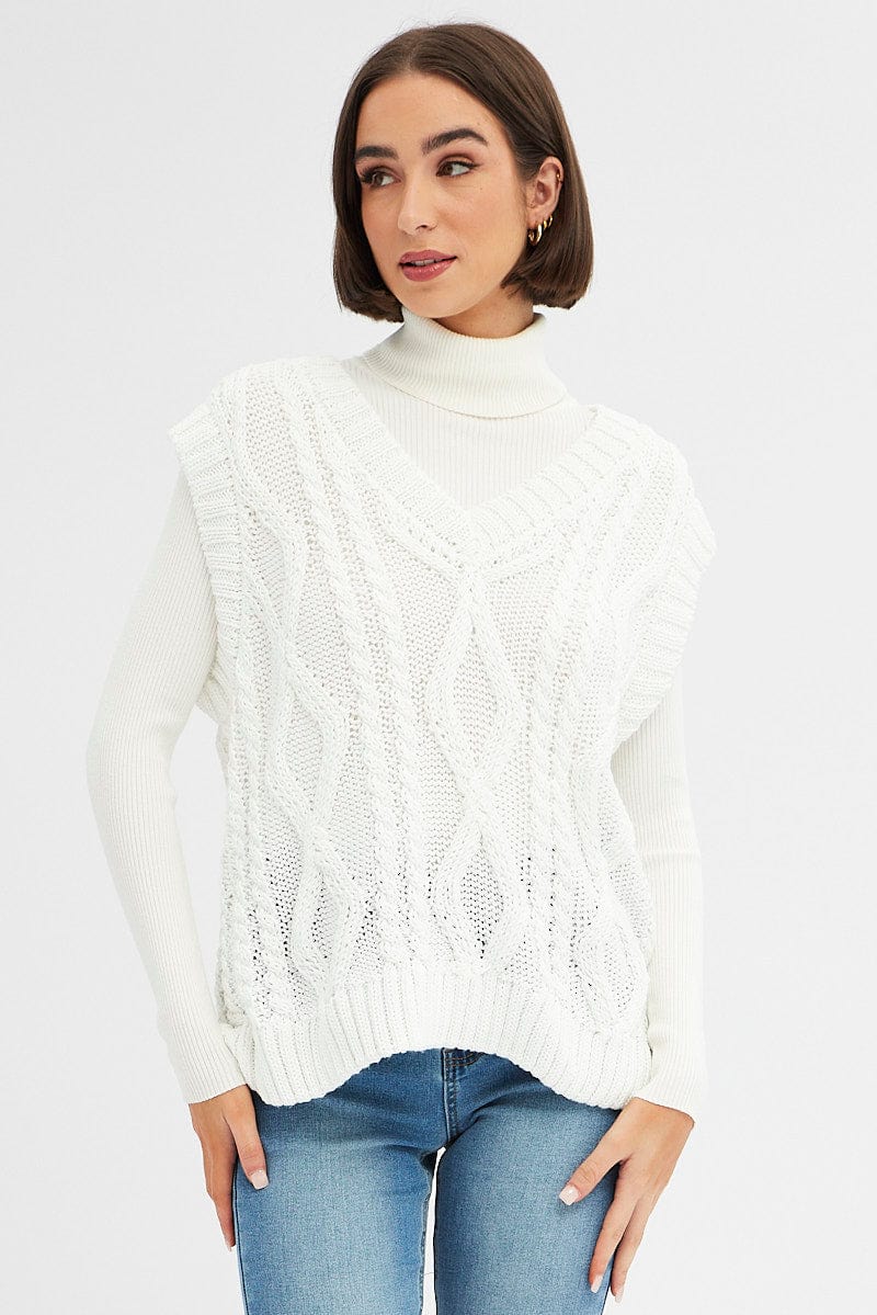 VEST White Knit Top Sleeveless Oversized Cable for Women by Ally