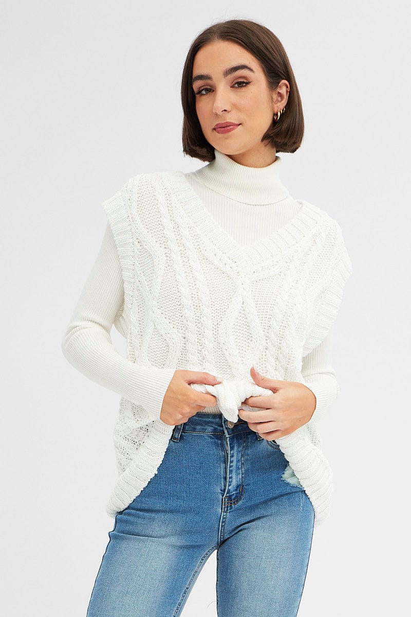 VEST White Knit Top Sleeveless Oversized Cable for Women by Ally