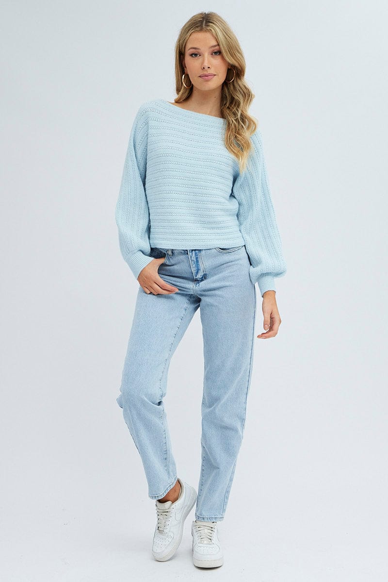BASIC KNIT Blue Knit Top Long Sleeve for Women by Ally