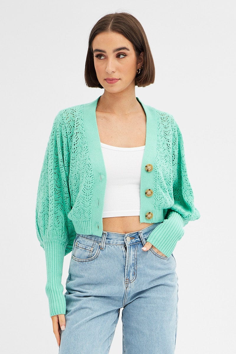 Green Knit Cardigan Long Sleeve Crop for Women by Ally