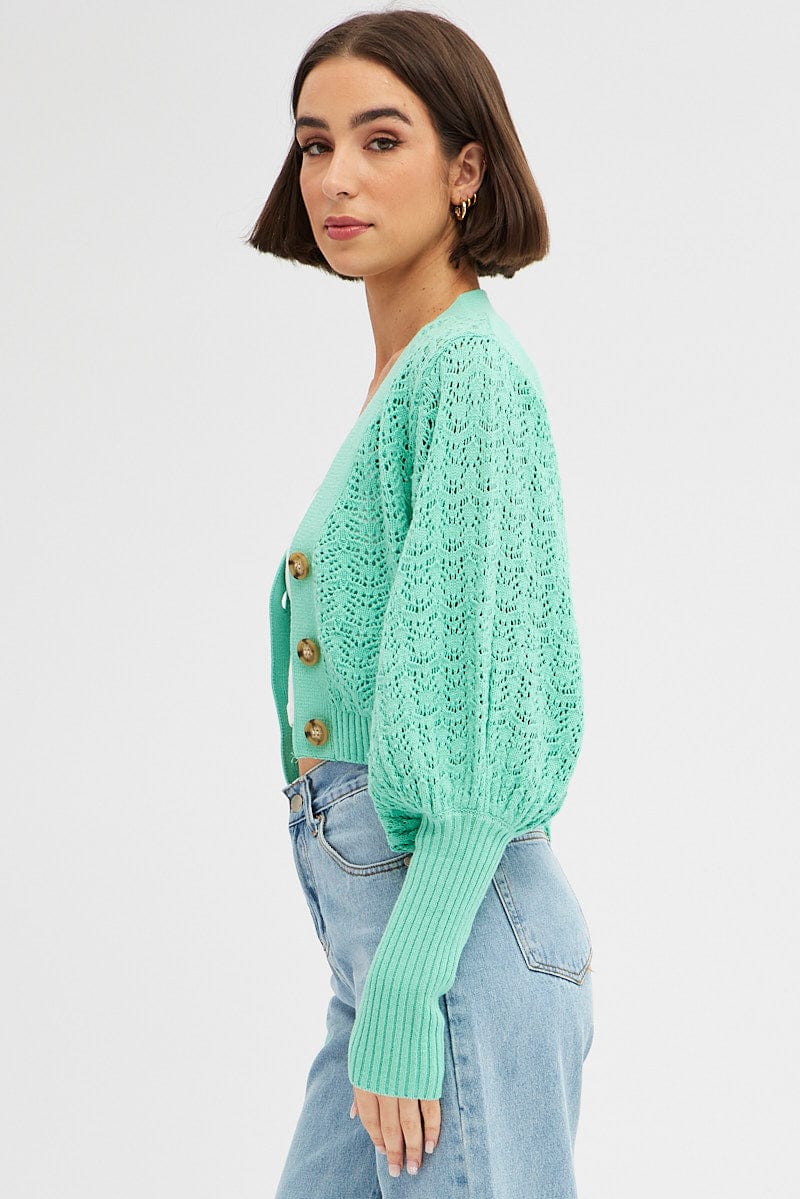 Green Knit Cardigan Long Sleeve Crop for Women by Ally