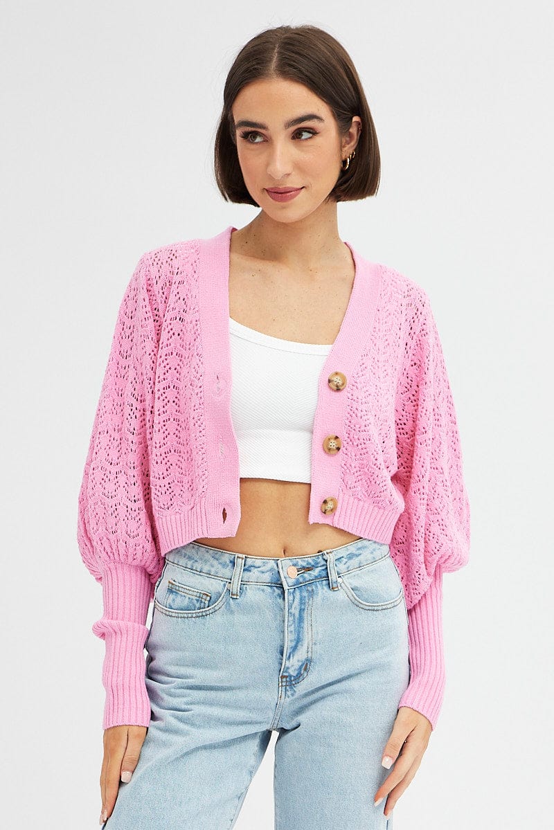 OVERSIZED CARDIGAN Pink Knit Cardigan Long Sleeve Crop for Women by Ally