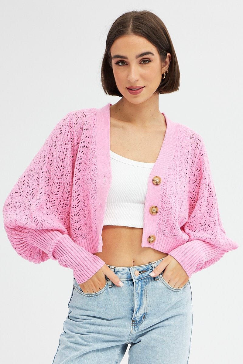 Women's Pink Knit Cardigan Long Sleeve Crop