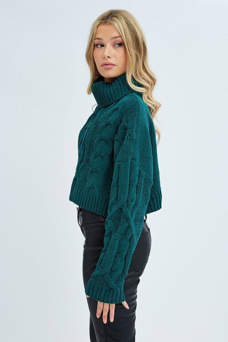 Green Knit Top Long Sleeve Crop Turtleneck for Women by Ally