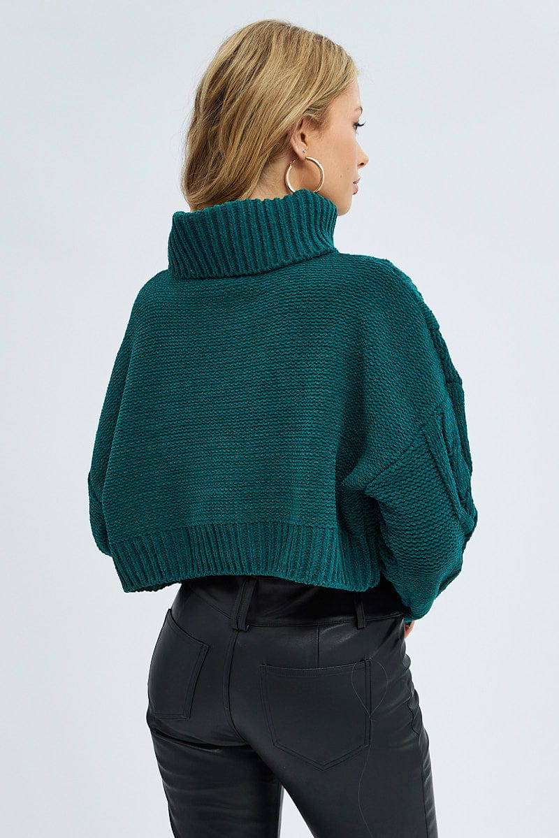Green Knit Top Long Sleeve Crop Turtleneck for Women by Ally