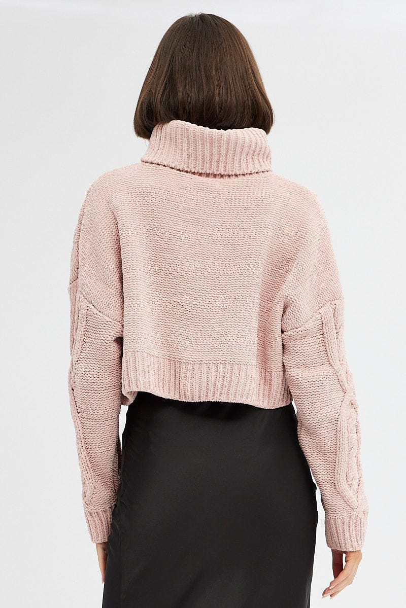BASIC KNIT Pink Knit Top Long Sleeve Crop Turtleneck for Women by Ally