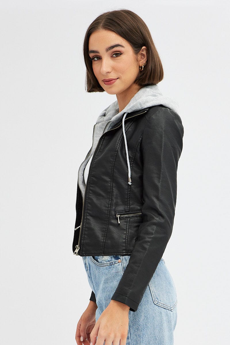Black Faux Leather Jacket Long Sleeve Hoodie for Women by Ally