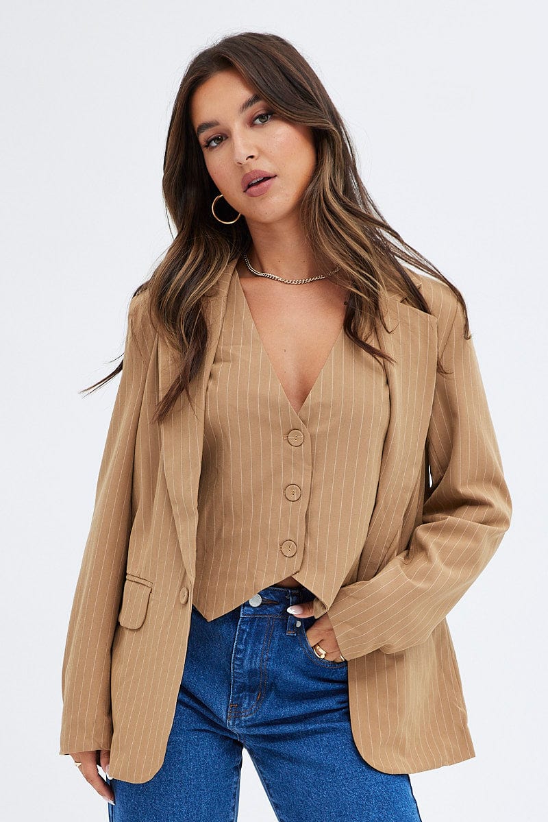 Beige Blazer Long Sleeve Tailored Single Breasted for Women by Ally