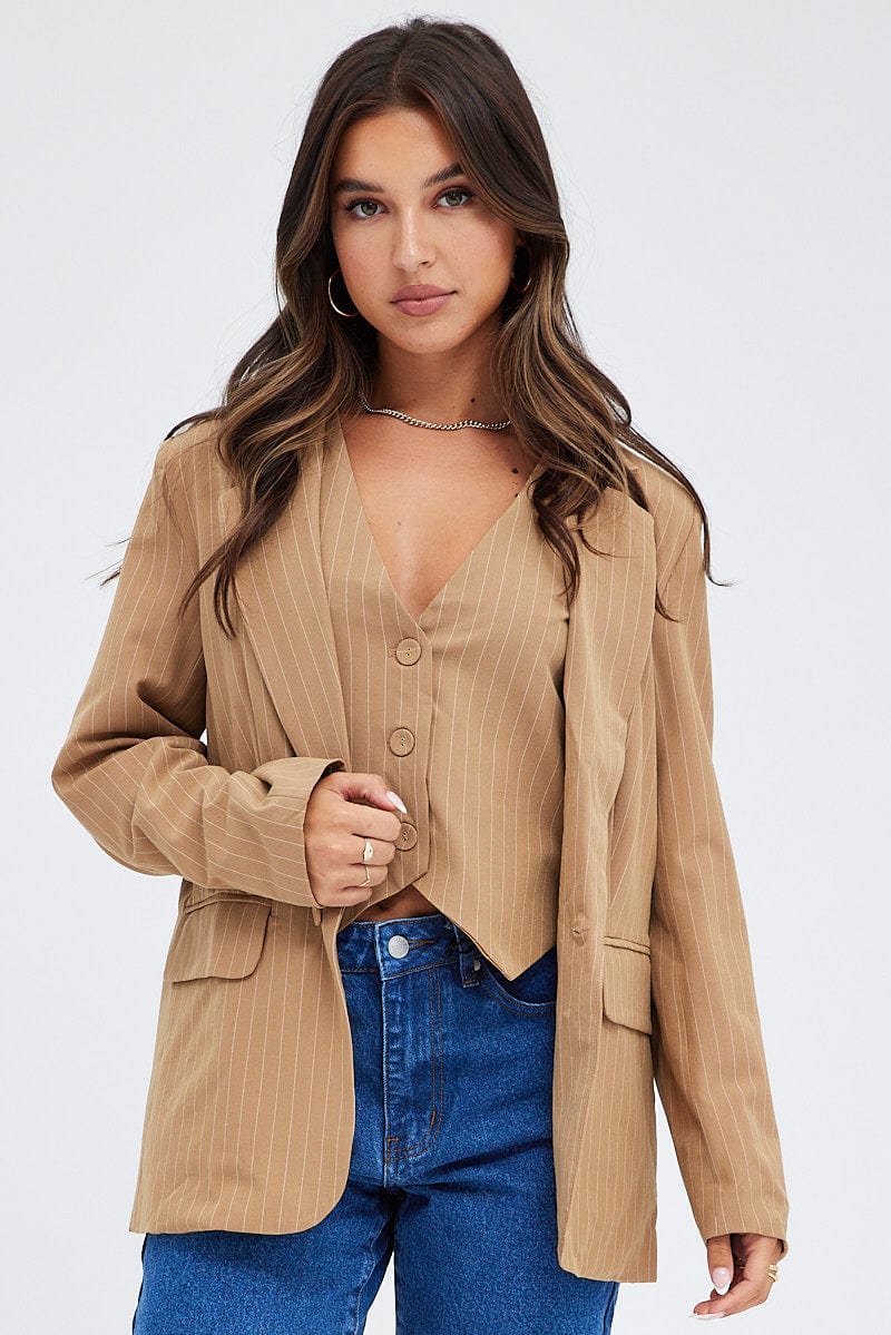 Beige Blazer Long Sleeve Tailored Single Breasted for Women by Ally