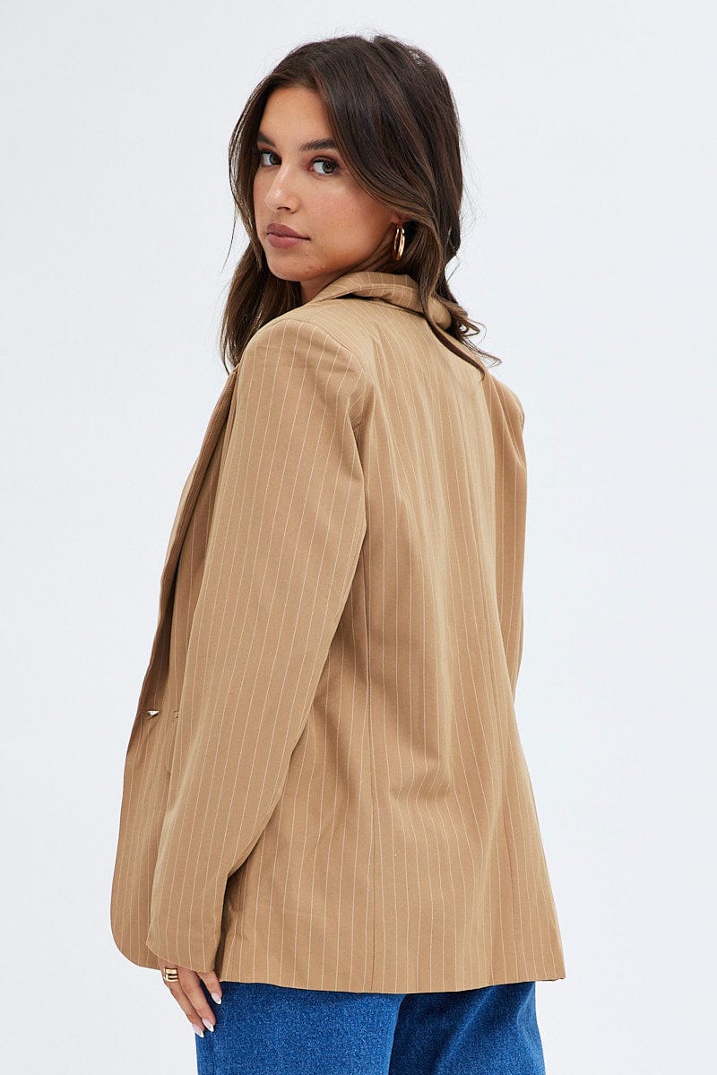 Beige Blazer Long Sleeve Tailored Single Breasted for Women by Ally