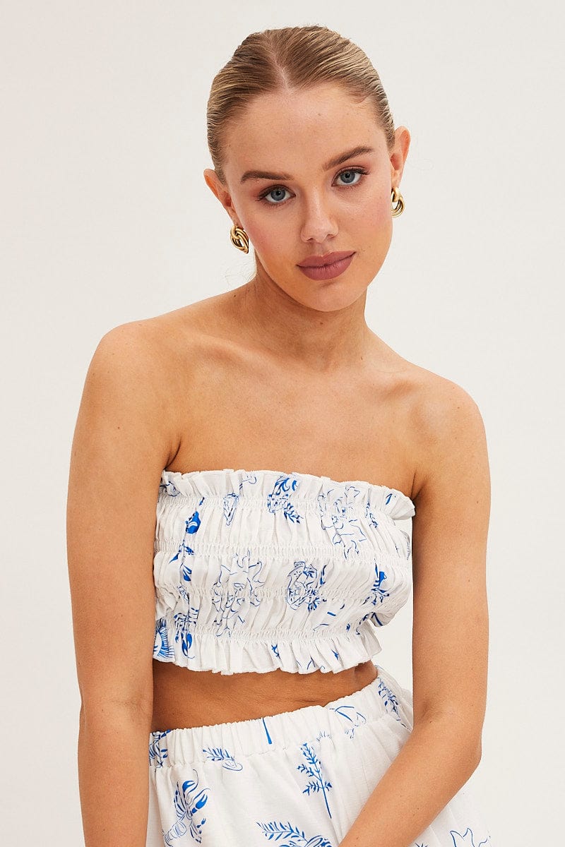 CROP TOP White Abstract Bandeau Top Shirred Print for Women by Ally