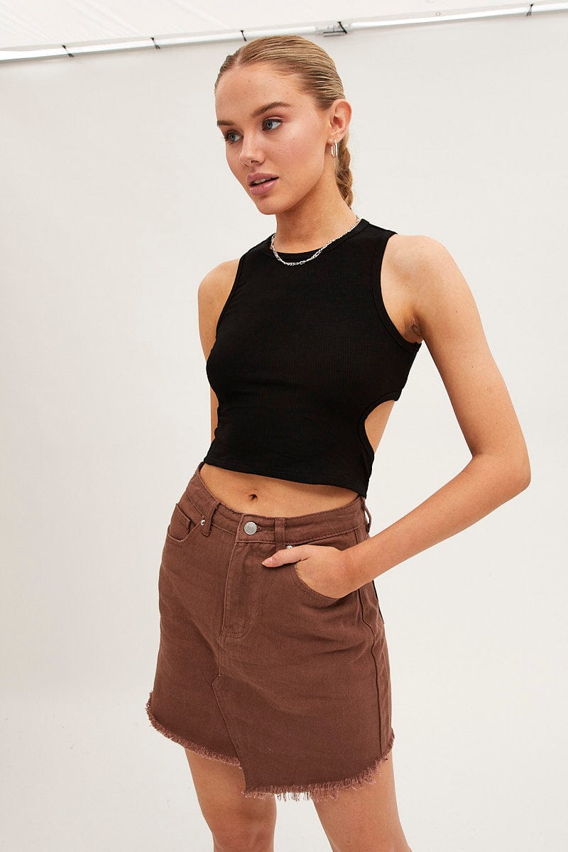 A LINE SKIRT Brown Denim Skirt Mini Asymmetric Hem for Women by Ally