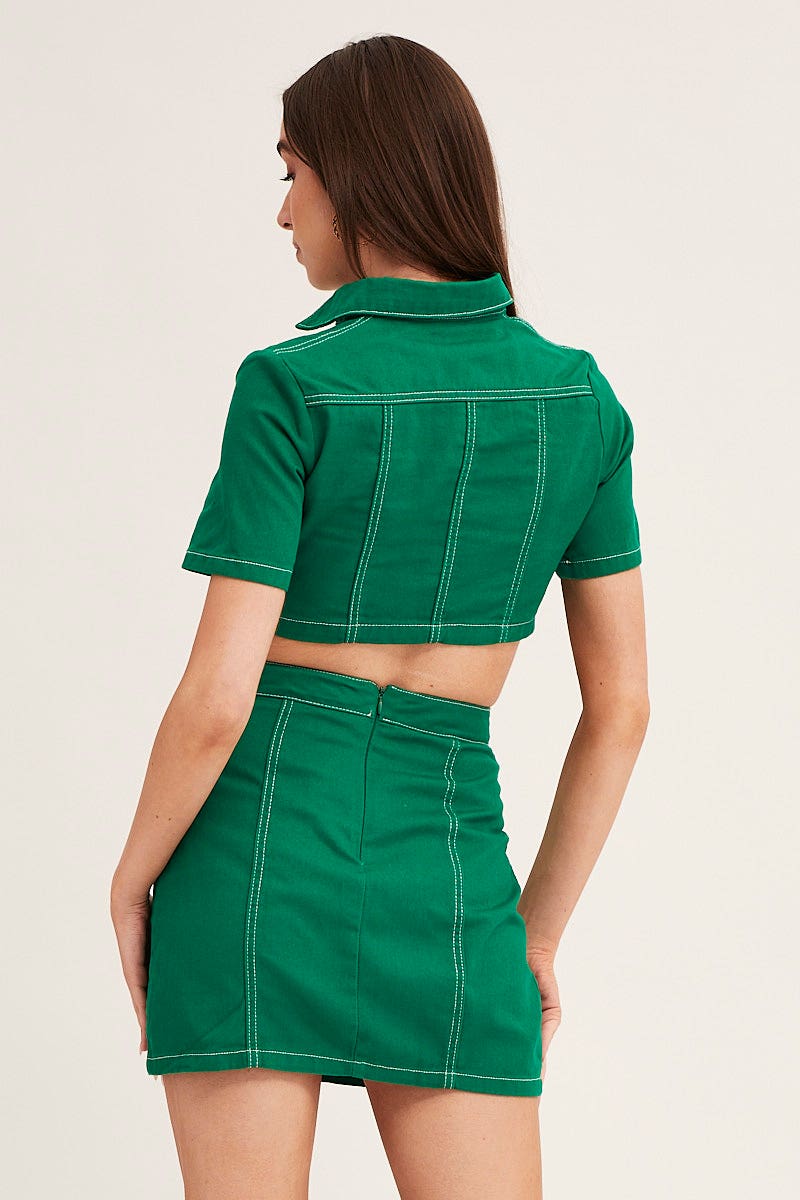 A LINE SKIRT Green Contrast Stitch Mini Skirt for Women by Ally