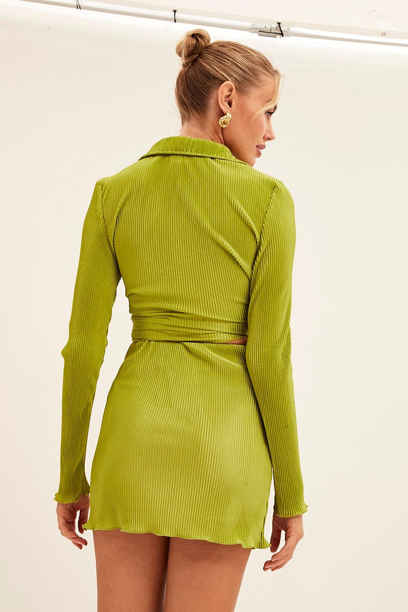 A LINE SKIRT Green Mini Skirt Plisse Satin for Women by Ally