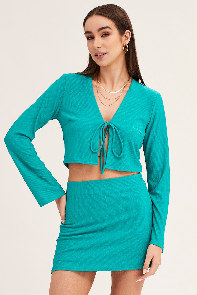 A LINE SKIRT Green Textured A Line Mini Skirt for Women by Ally