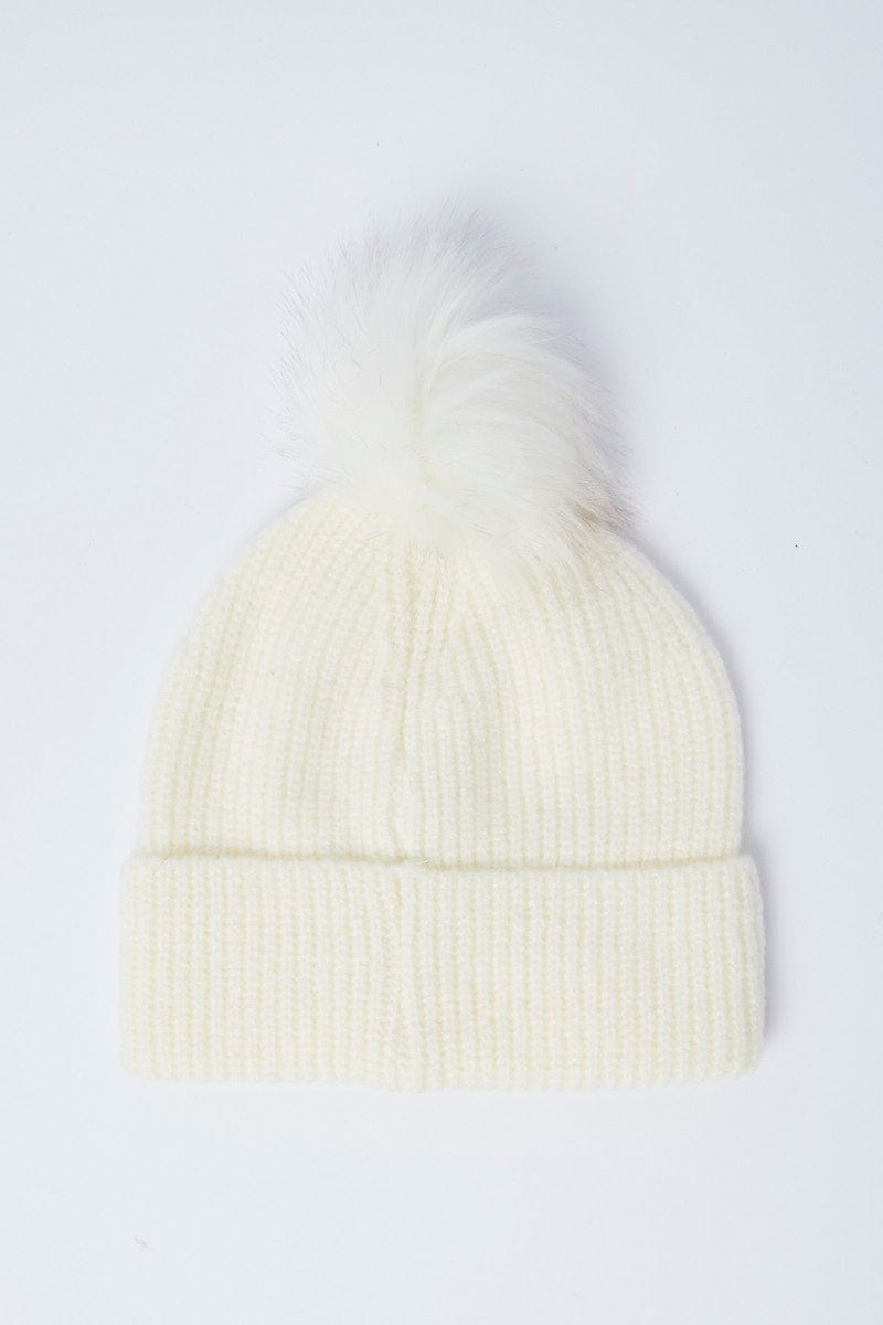 White Faux Fur Pom Pom Beanie for Ally Fashion