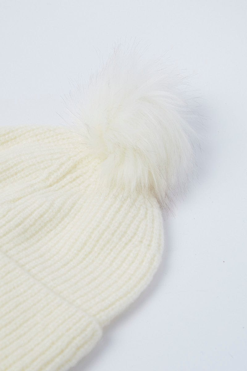 White Faux Fur Pom Pom Beanie for Ally Fashion