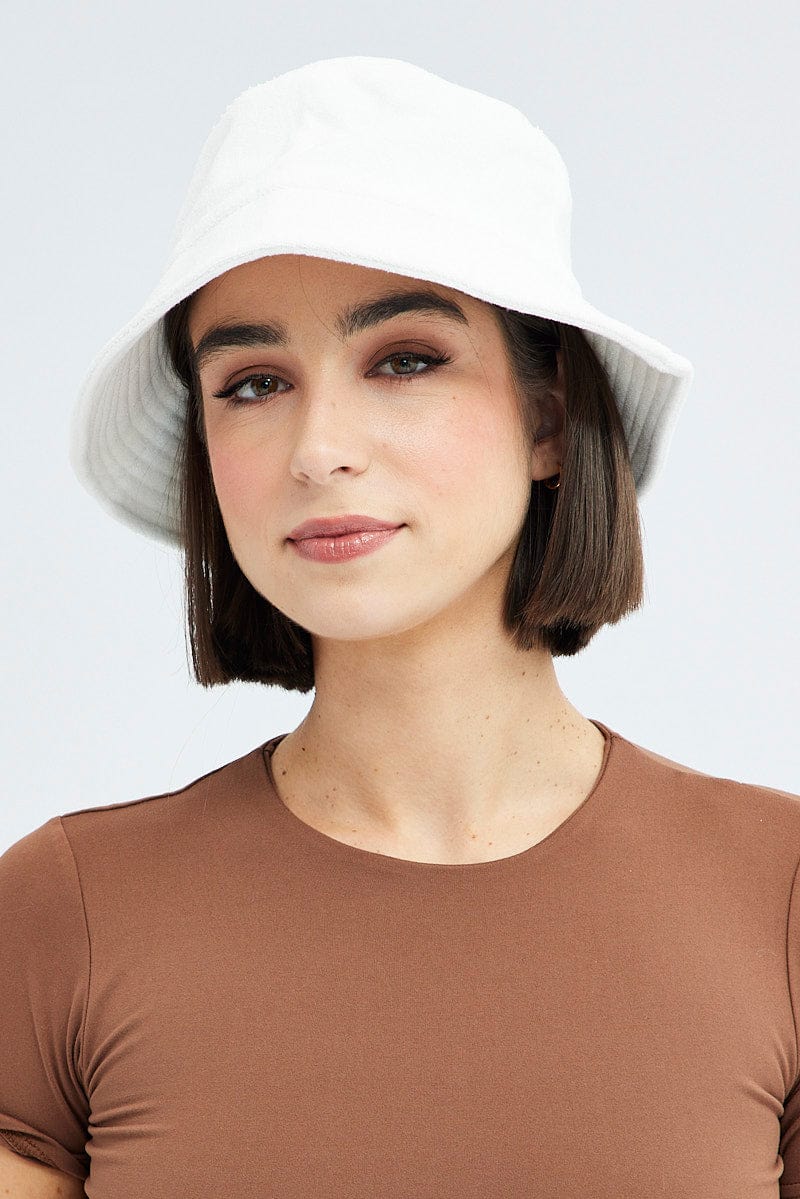 White Toweling Detail Bucket Hat for Ally Fashion