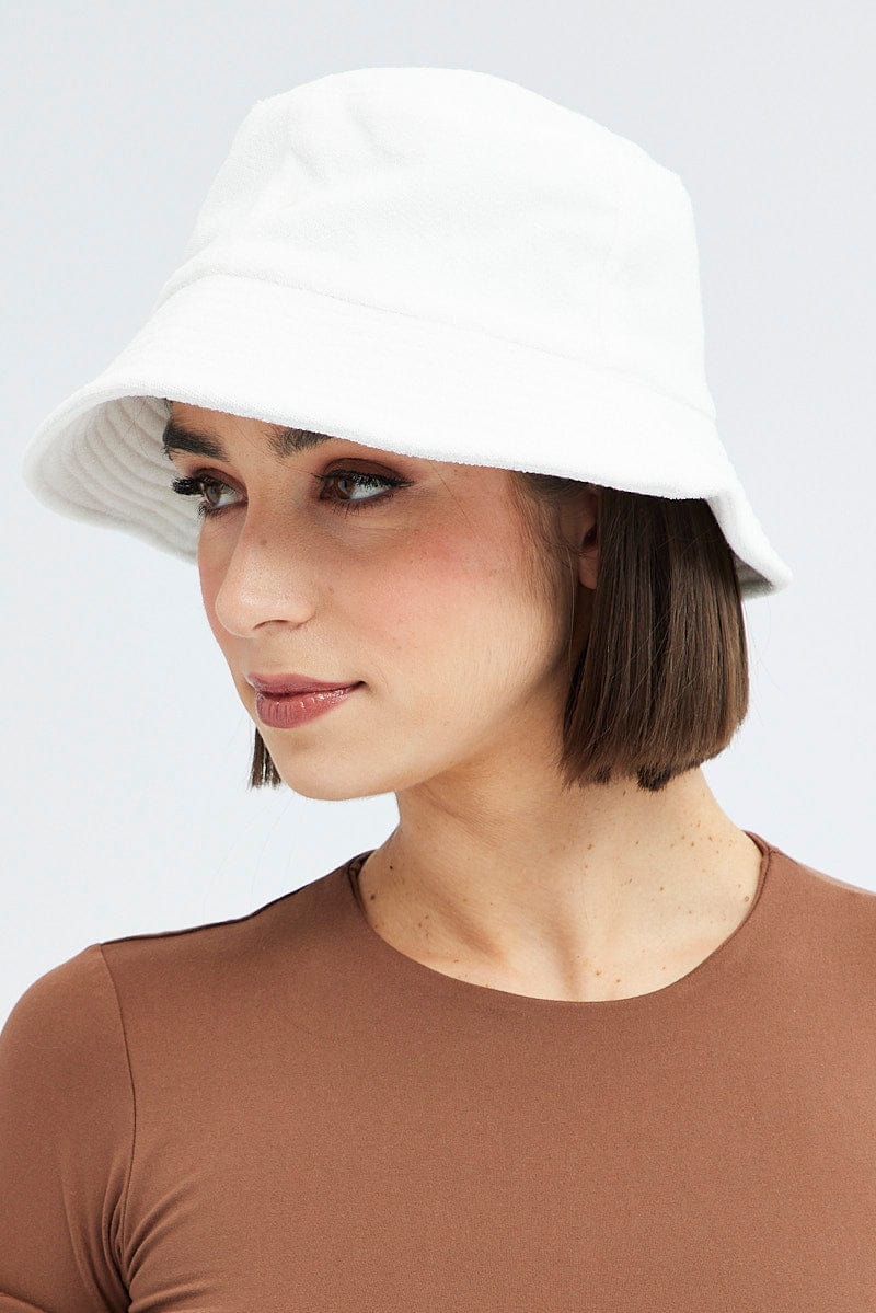 White Toweling Detail Bucket Hat for Ally Fashion