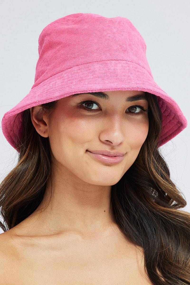 Pink Toweling Detail Bucket Hat for Ally Fashion