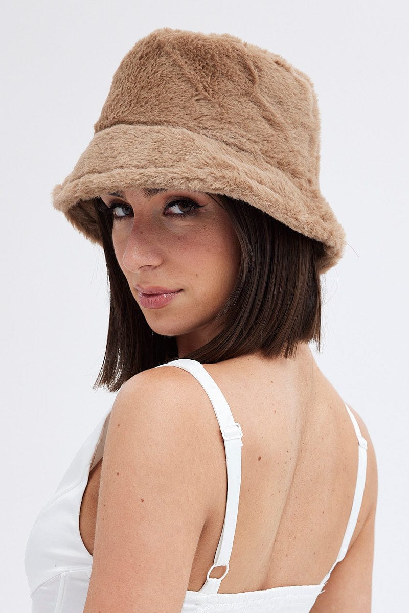 Beige Faux Fur Bucket Hat for Ally Fashion