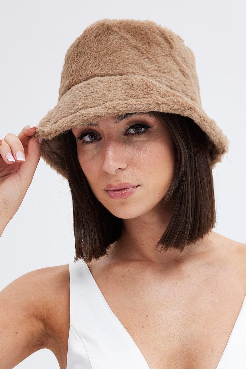 Beige Faux Fur Bucket Hat for Ally Fashion